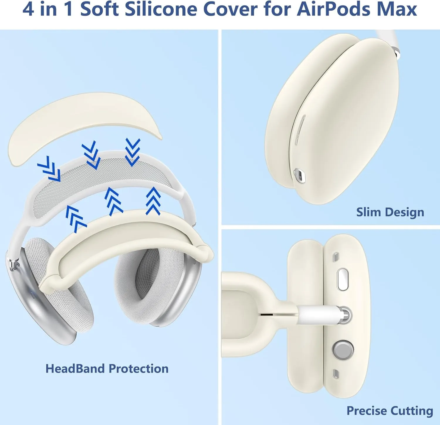 [4 in 1] Case for Airpods Max Headphones, Ear Pad Case Covers/Ear Cups Covers/Headband Cover for AirPods Max (2024/2020)(USB-C/Lightning), Accessories Silicone Cover for Apple Airpod Max, (Stone)