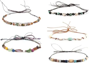 5 Pcs Cowboy Hat Band Bohemia Beaded Turquoise Seashells Decorative Western Fedora Panama Strap Belt Replacement Hatband for Women Men Straw Hat Beach Cap