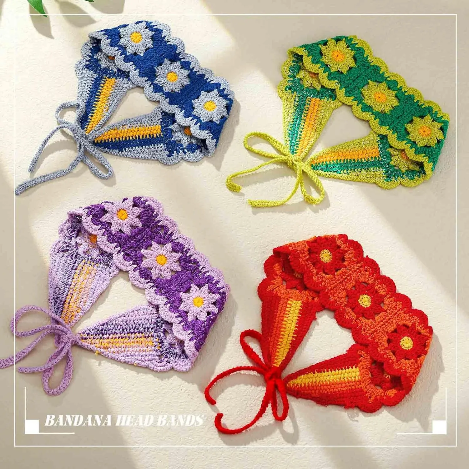 Acenail Crochet Hair Bandanas Women Floral Bandana Headbands Hippie Hair Scarfs Knitted Tie Back Head Kerchief Hairband Wide Elastic Knit Headwrap Boho Hair Accessories for Women Girls (Floral)