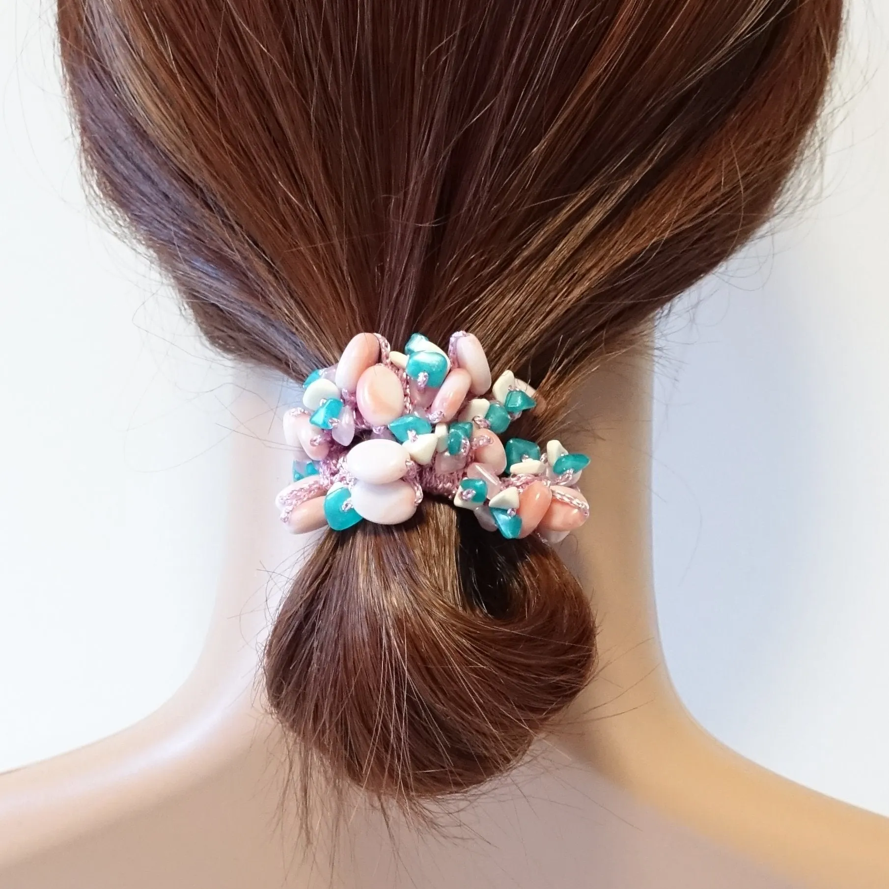 Acrylic stone  Faux Turquoise Glittering Metallic Thread Elastic Ponytail Holder