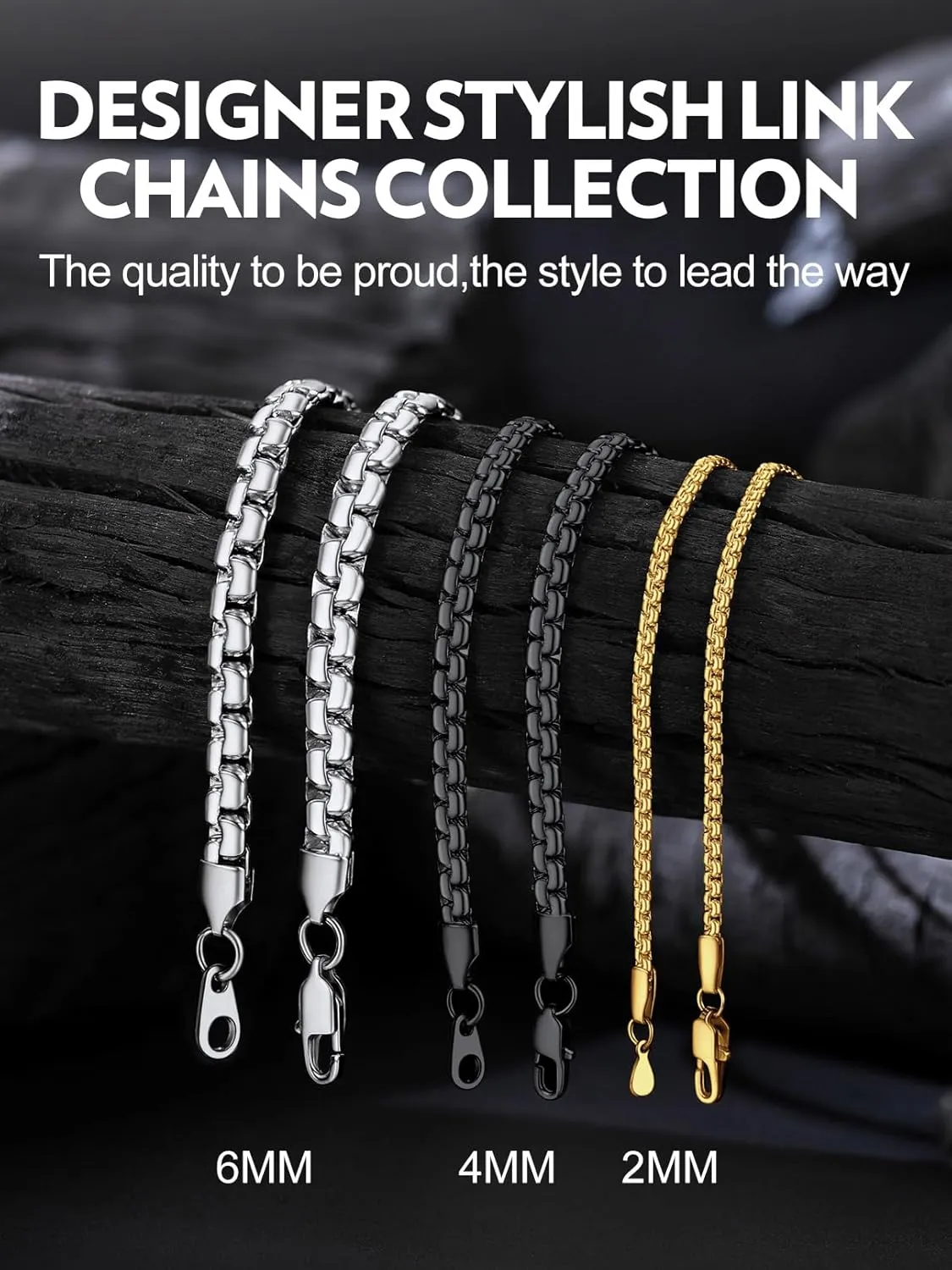 Bandmax Solid Stainless Steel 2MM/4MM/6MM Flat Box Link Chains for Men Women Silver/Gold/Black Rolo Cable Chain Necklaces Length 14"-30", Gift Packed