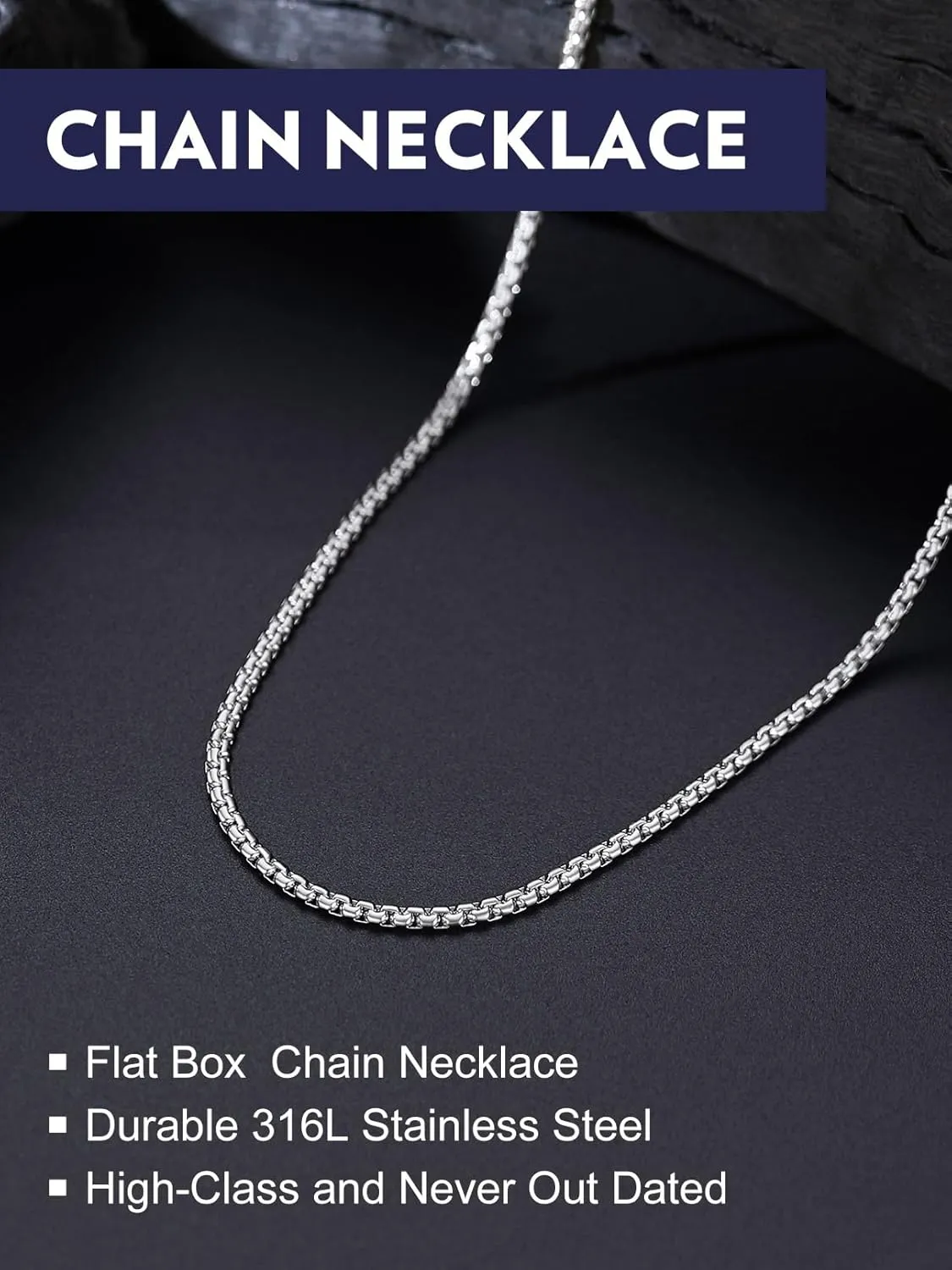 Bandmax Solid Stainless Steel 2MM/4MM/6MM Flat Box Link Chains for Men Women Silver/Gold/Black Rolo Cable Chain Necklaces Length 14"-30", Gift Packed