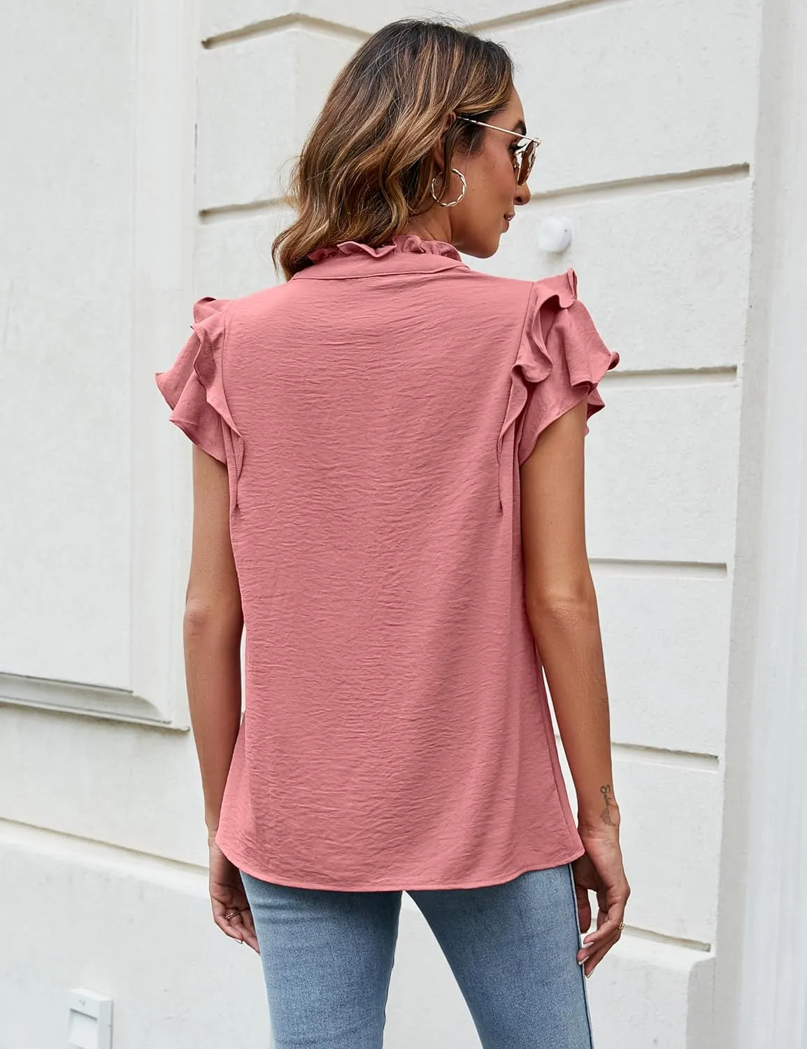 Blooming Jelly Womens Dressy Casual Tops Ruffle Short Sleeve V Neck Shirts Elegant Business Work Blouse