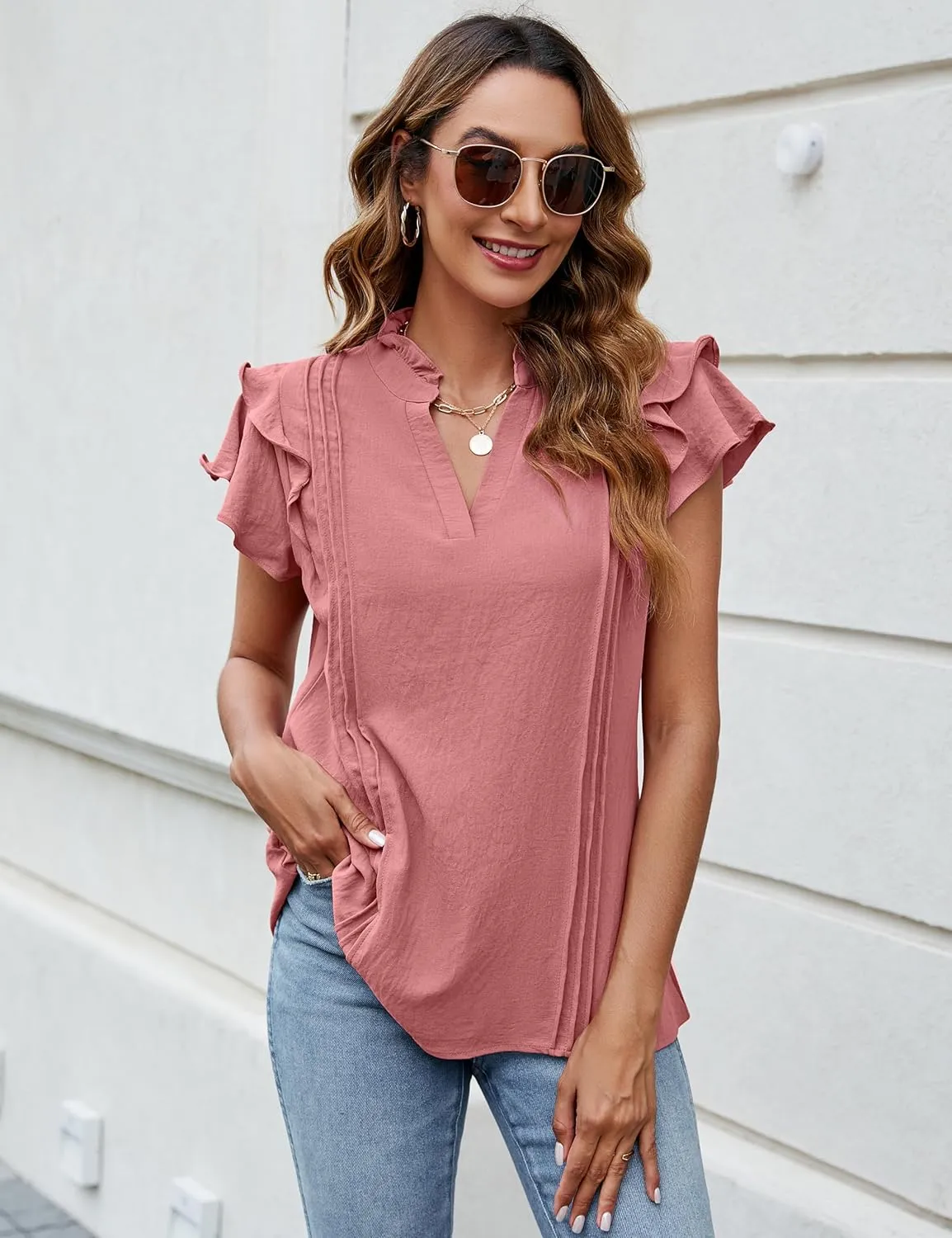 Blooming Jelly Womens Dressy Casual Tops Ruffle Short Sleeve V Neck Shirts Elegant Business Work Blouse