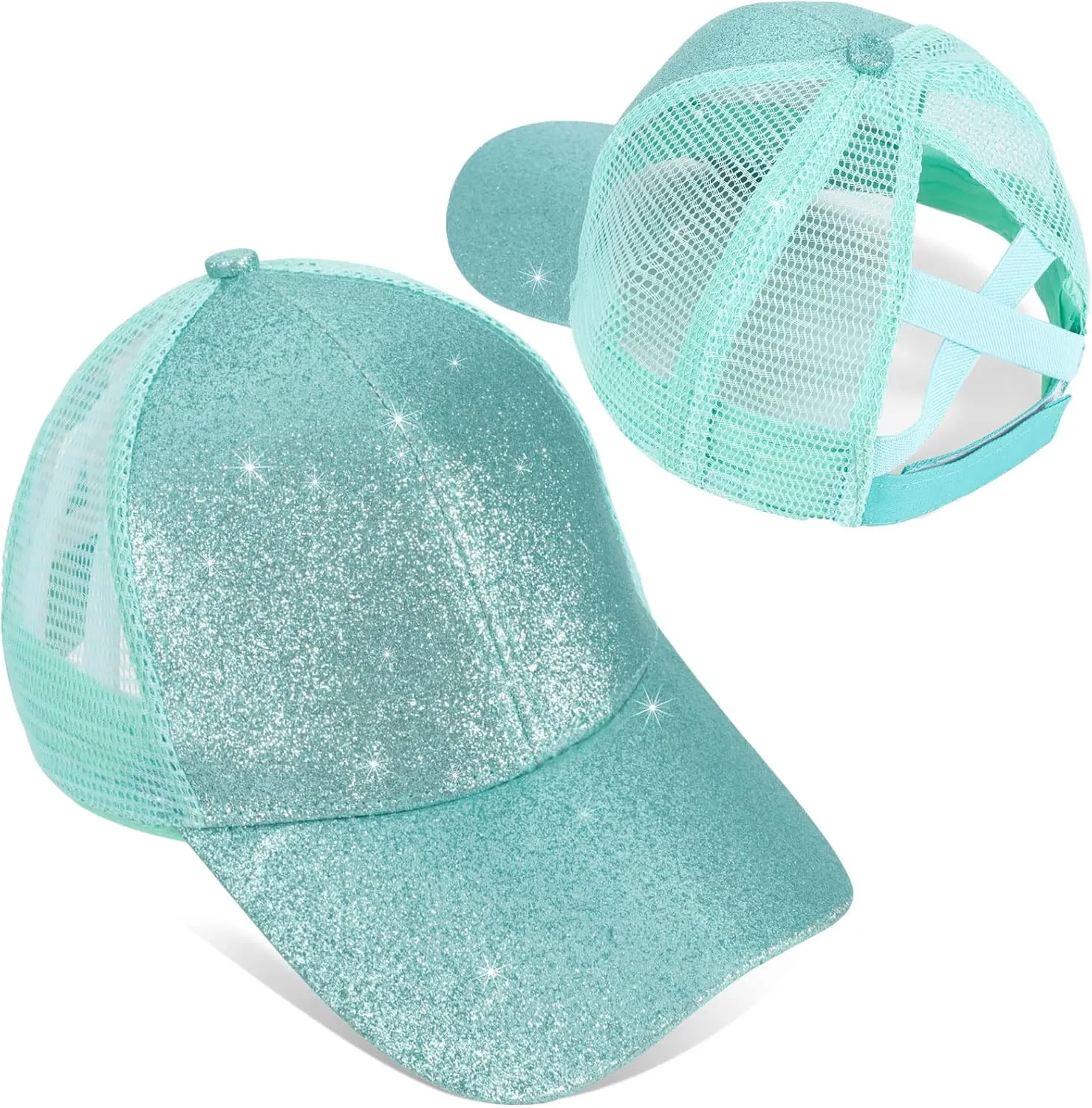 BROMZ Girls Glitter Baseball Cap Kids Ponytail Hat Adjustable Summer Mesh Trucker Hats for 4-12 Years
