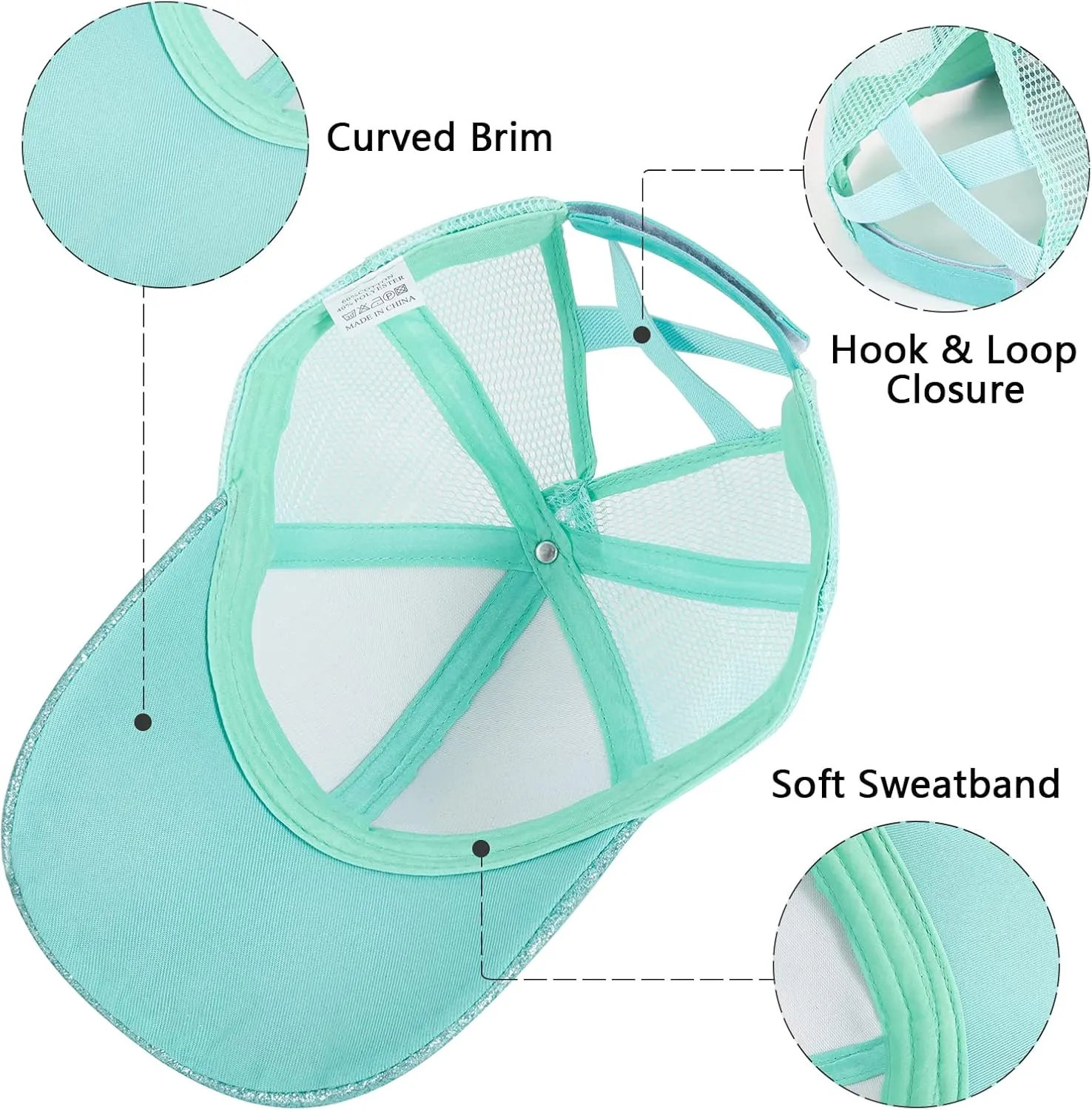 BROMZ Girls Glitter Baseball Cap Kids Ponytail Hat Adjustable Summer Mesh Trucker Hats for 4-12 Years