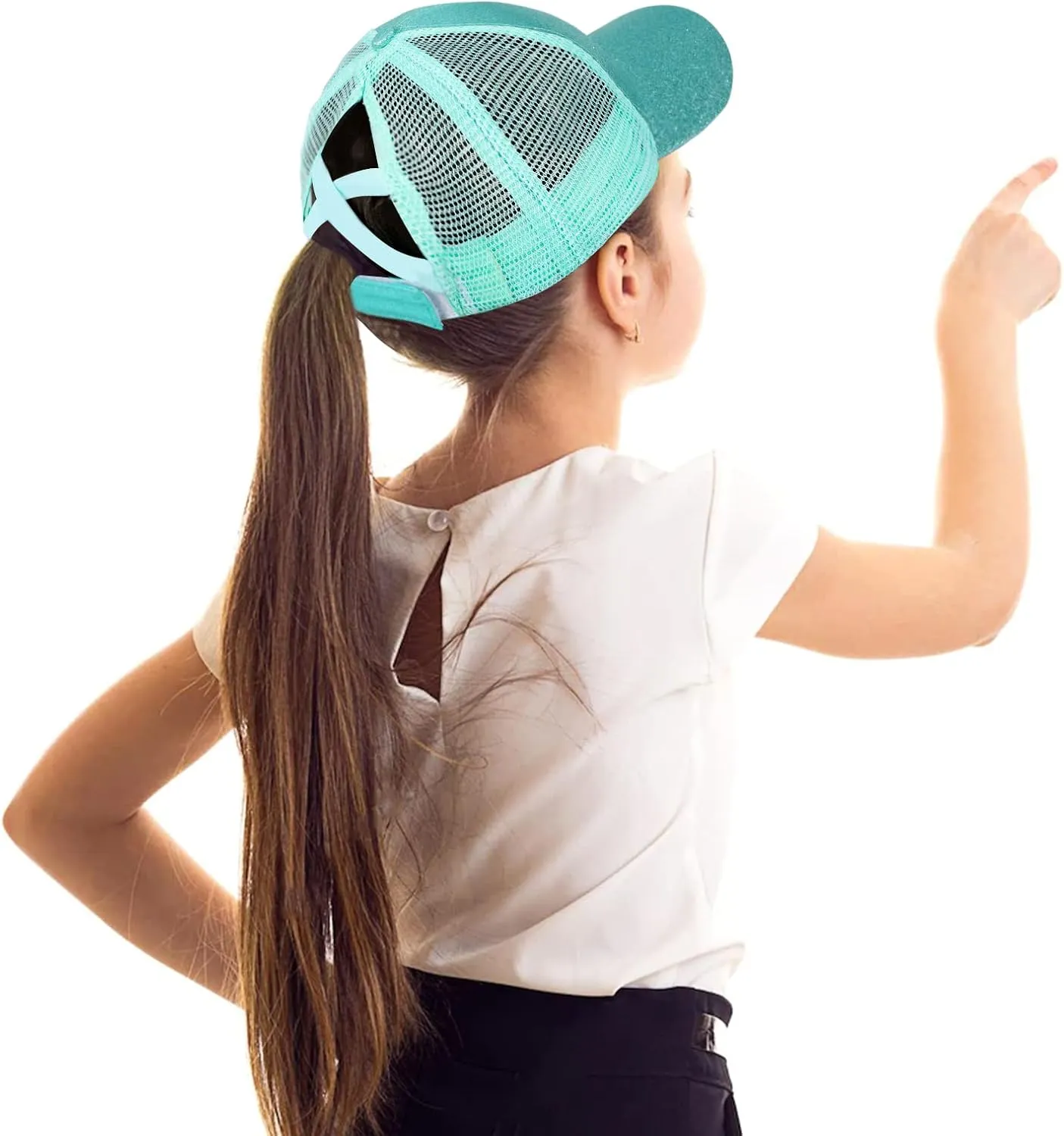 BROMZ Girls Glitter Baseball Cap Kids Ponytail Hat Adjustable Summer Mesh Trucker Hats for 4-12 Years