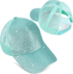 BROMZ Girls Glitter Baseball Cap Kids Ponytail Hat Adjustable Summer Mesh Trucker Hats for 4-12 Years