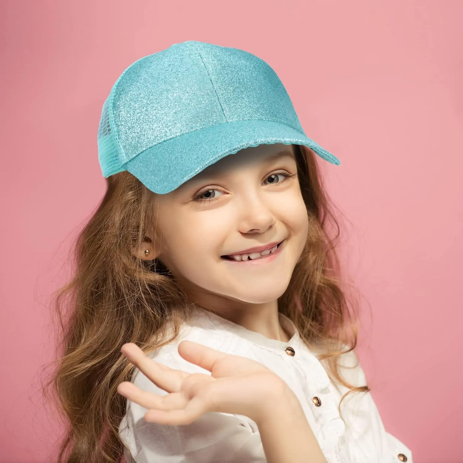 BROMZ Girls Glitter Baseball Cap Kids Ponytail Hat Adjustable Summer Mesh Trucker Hats for 4-12 Years