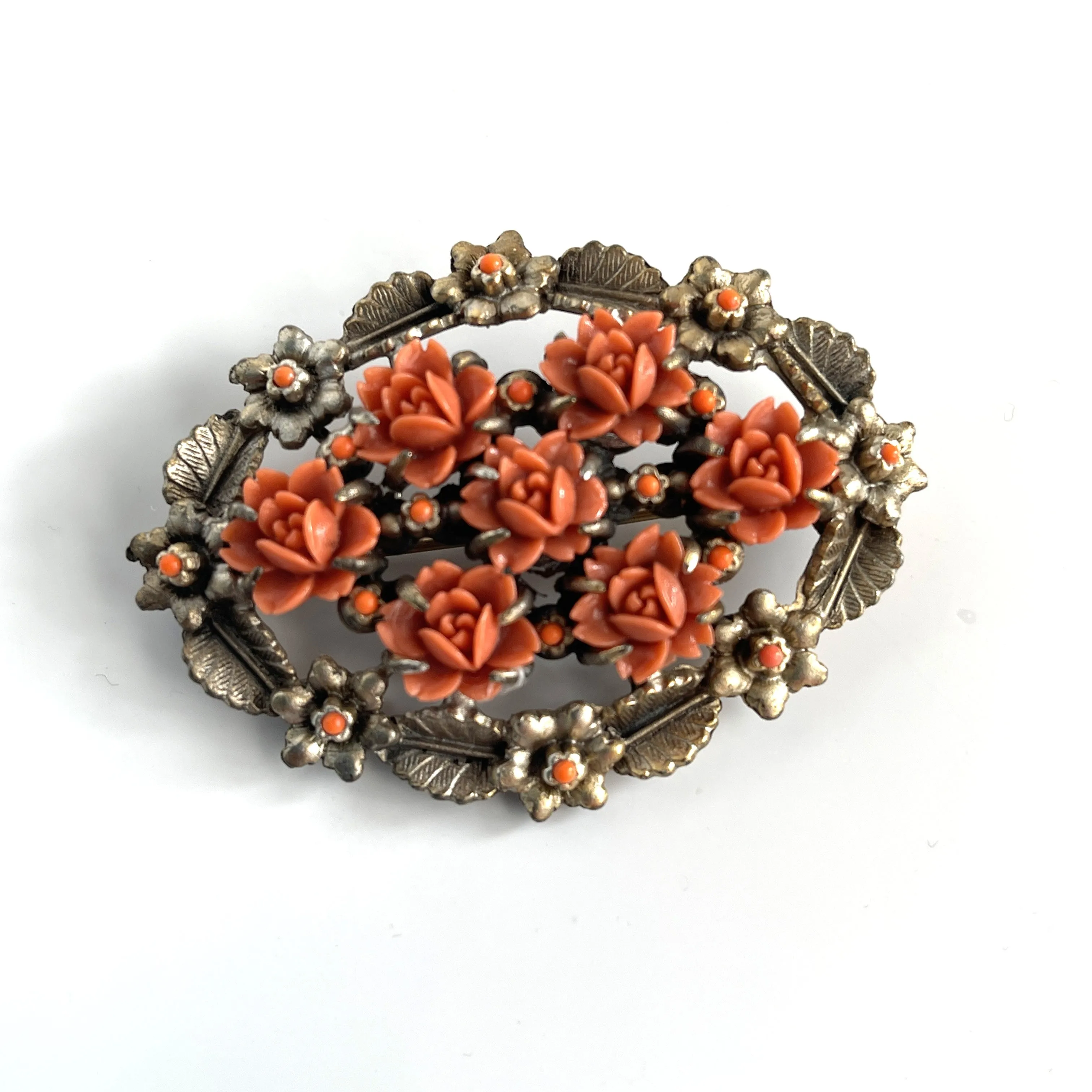 Carved Celluloid Coral Flower 60's Brooch