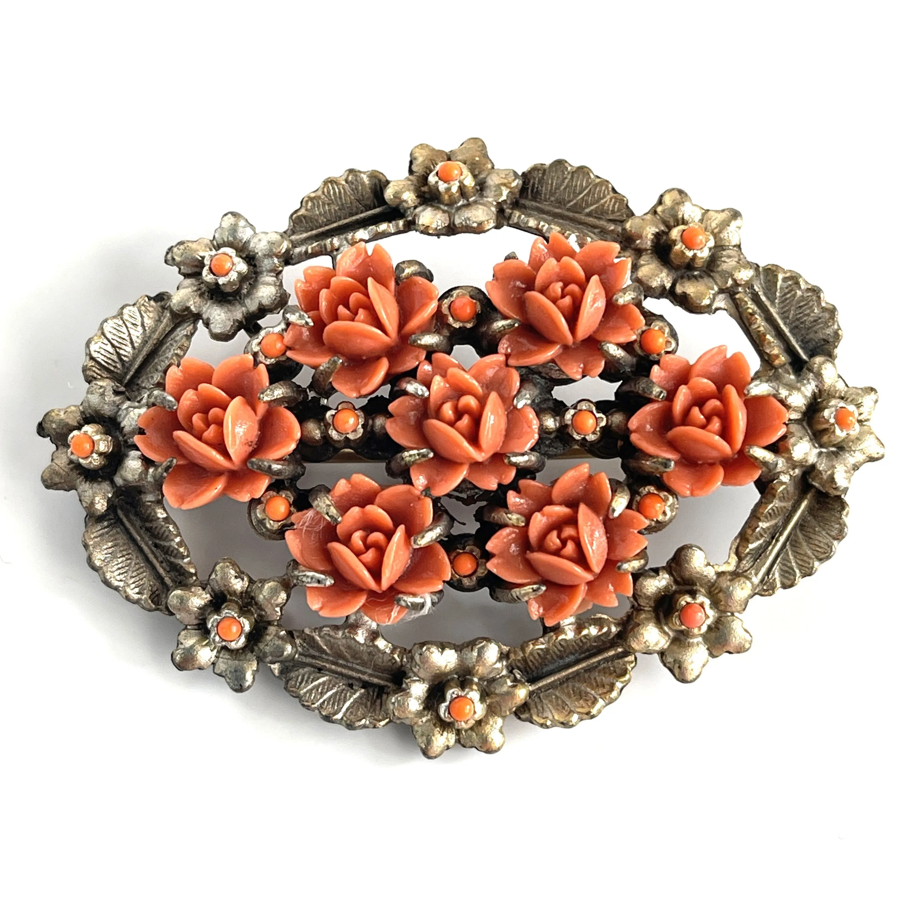Carved Celluloid Coral Flower 60's Brooch