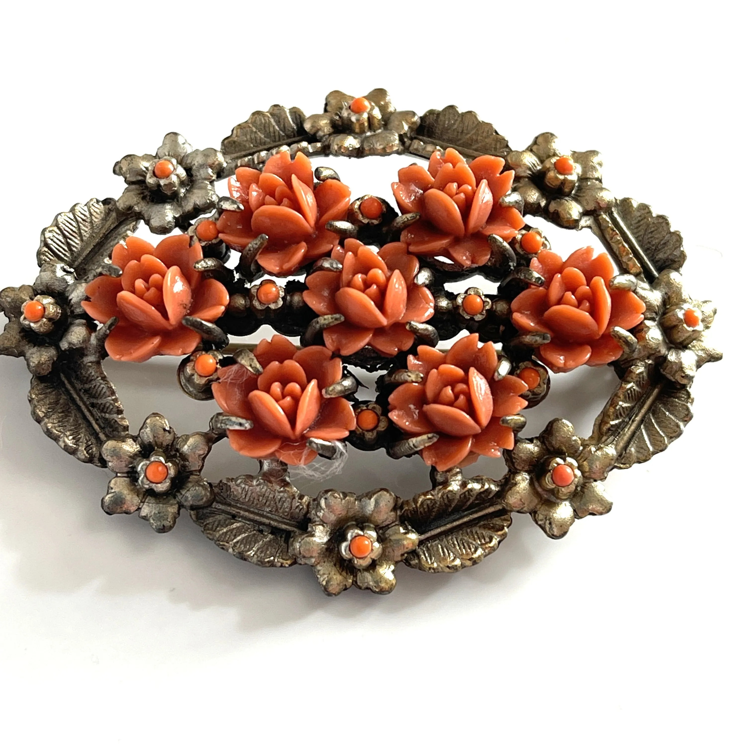 Carved Celluloid Coral Flower 60's Brooch