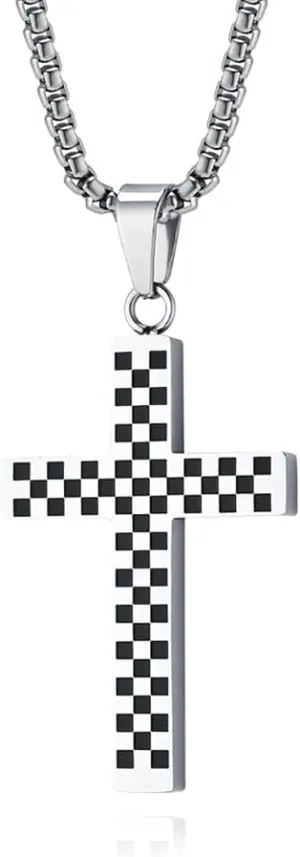Checkerboard Cross Necklace for Men Women Enamel Black White Checkered Flag Choker Pendants Necklaces Charm Link Stainless Steel Fashion Punk Delicate Faith Jewelry Religious Gifts Birthday Xmas