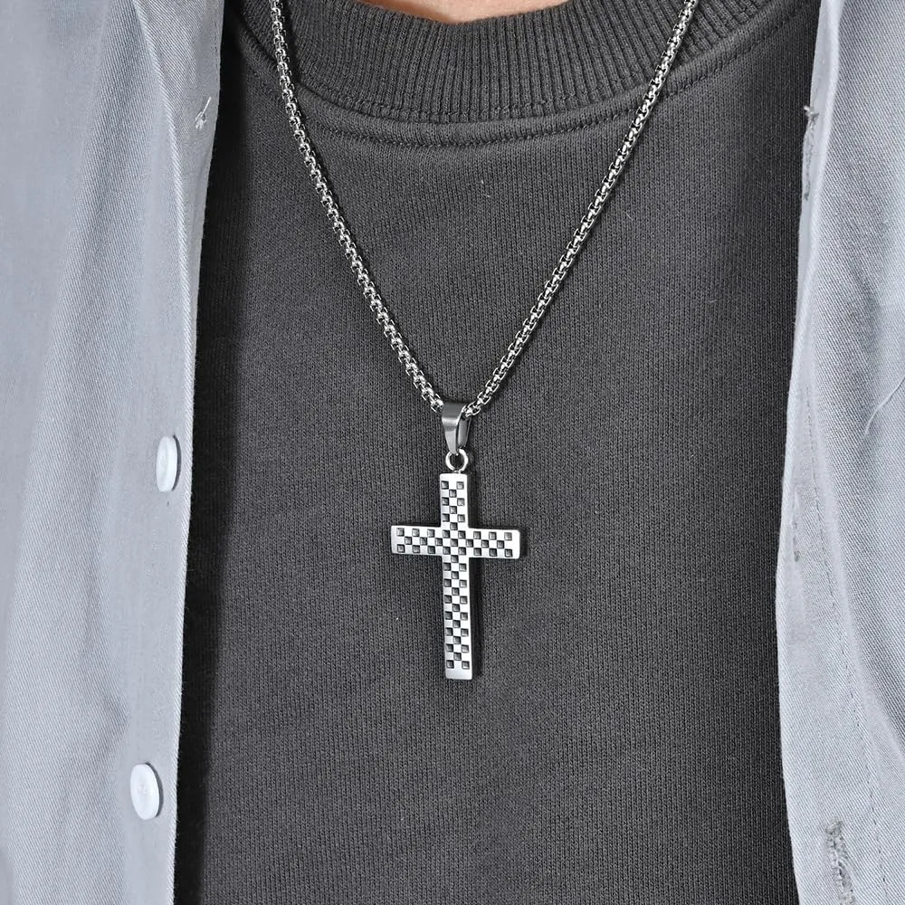 Checkerboard Cross Necklace for Men Women Enamel Black White Checkered Flag Choker Pendants Necklaces Charm Link Stainless Steel Fashion Punk Delicate Faith Jewelry Religious Gifts Birthday Xmas