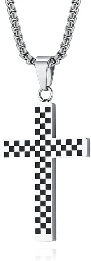 Checkerboard Cross Necklace for Men Women Enamel Black White Checkered Flag Choker Pendants Necklaces Charm Link Stainless Steel Fashion Punk Delicate Faith Jewelry Religious Gifts Birthday Xmas