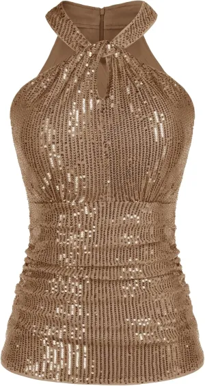 GRACE KARIN Sequin Tops for Women Elegant Tops Sparkle Tank Shimmer Party Club Cocktail Slim Fit Ruched Tops