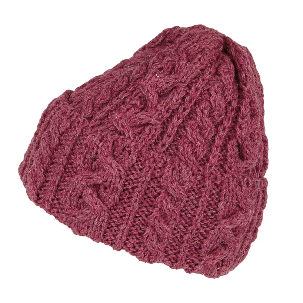 Highland 2000 Cuffed Cable Knit English Wool Beanie Hat - Burgundy-Mix