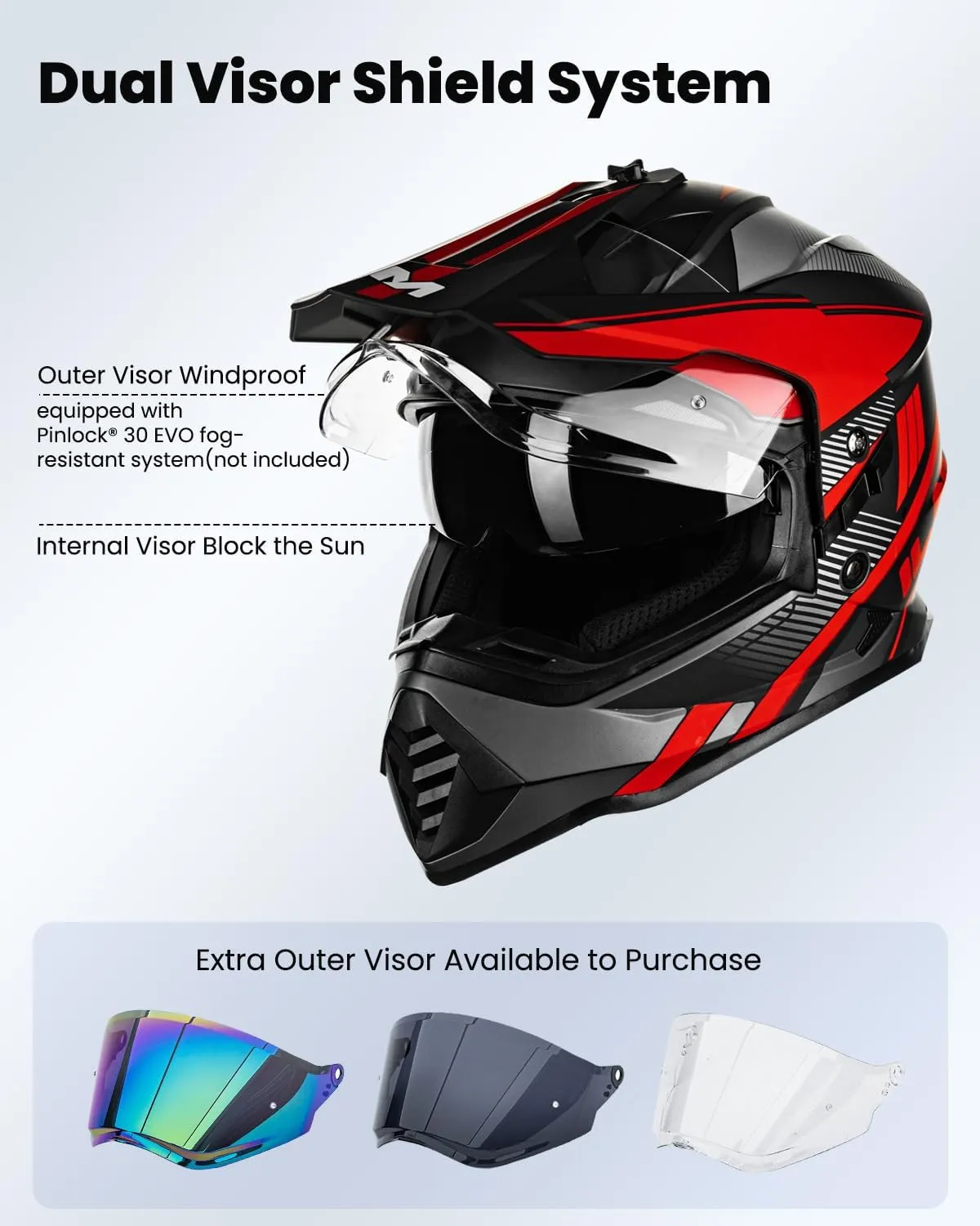 ILM Dual Sport Adventure Motorcycle Helmet with Pinlock Compatible Sun Visor Snowmobile ATV Dirt Bike Off Road Casco Model WS902 RedBlack Medium