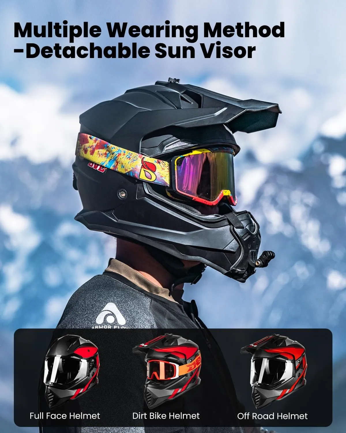 ILM Dual Sport Adventure Motorcycle Helmet with Pinlock Compatible Sun Visor Snowmobile ATV Dirt Bike Off Road Casco Model WS902 RedBlack Medium
