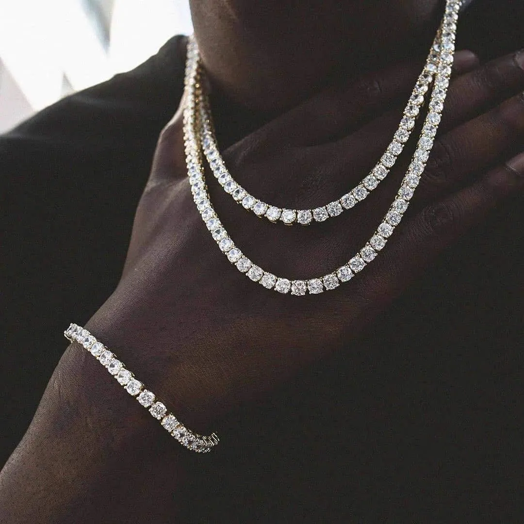JINAO 6MM Tennis Chain Necklace 18k Gold Plated 1 Row Lab Simulated Diamond Iced Out Cubic Zirconia Chain Men's Hip hop Tennis Choker Necklace Chain for Men Women