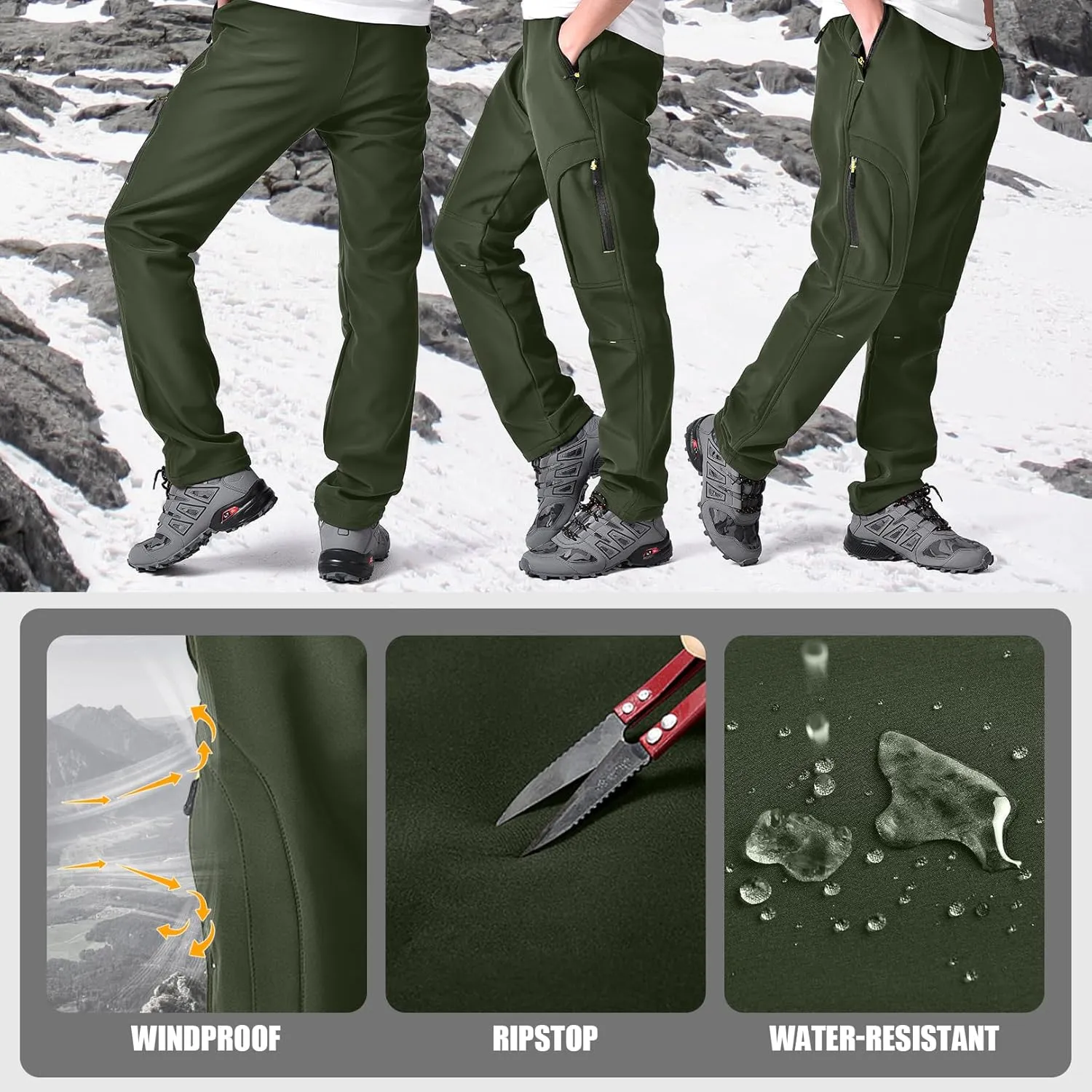 Mens Hiking Waterproof Pants Snow Ski Insulated Fleece Lined Winter Fishing Walking Outdoor Pants