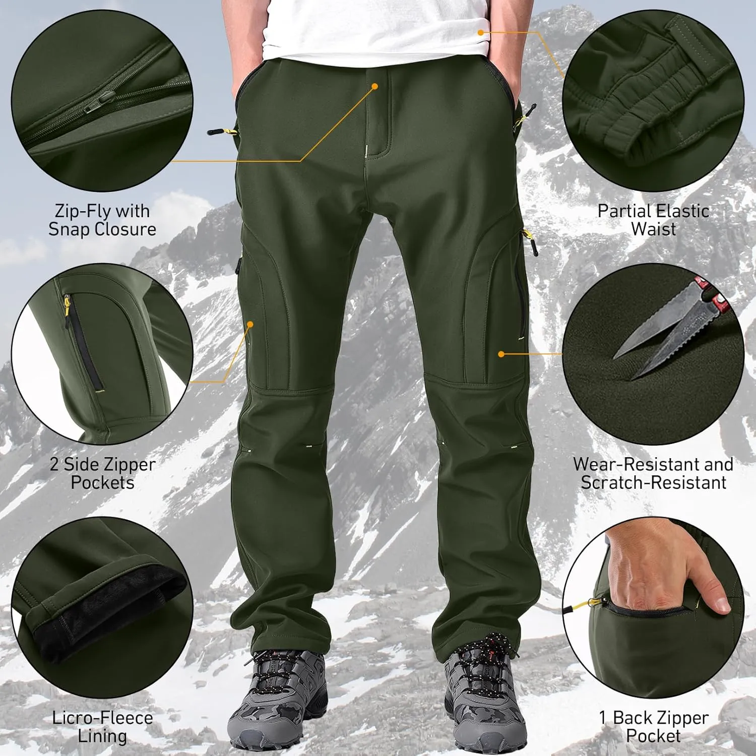 Mens Hiking Waterproof Pants Snow Ski Insulated Fleece Lined Winter Fishing Walking Outdoor Pants
