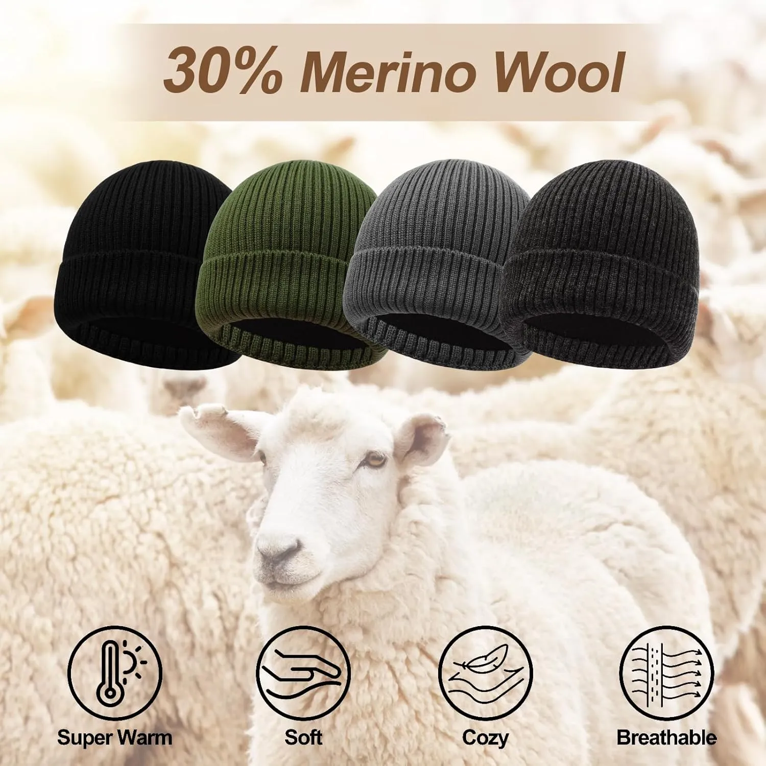 M/L/XL/XXL Waterproof Merino Wool Beanie for Men Women, Warm Fleece Lined Rainproof Windproof Winter Hat for All Weather