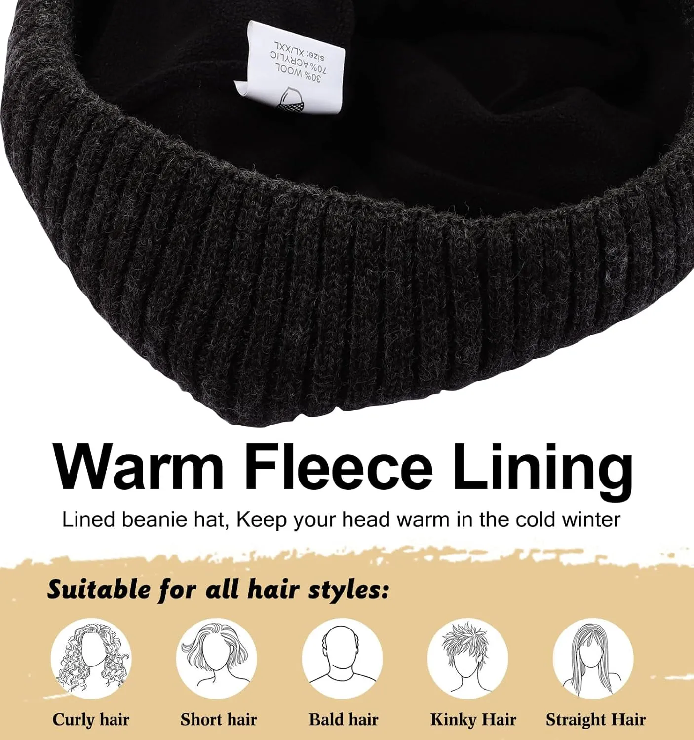 M/L/XL/XXL Waterproof Merino Wool Beanie for Men Women, Warm Fleece Lined Rainproof Windproof Winter Hat for All Weather