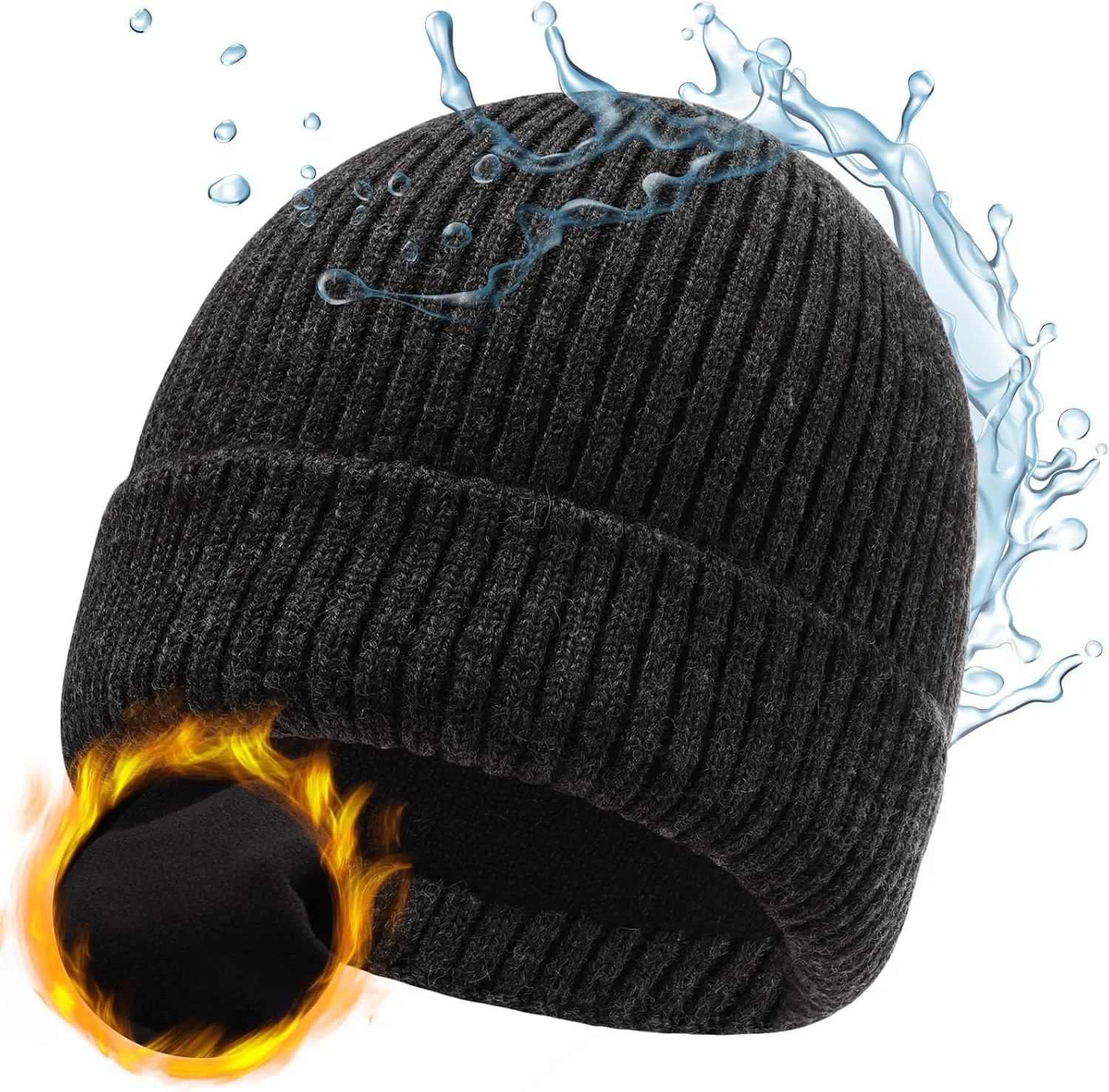 M/L/XL/XXL Waterproof Merino Wool Beanie for Men Women, Warm Fleece Lined Rainproof Windproof Winter Hat for All Weather