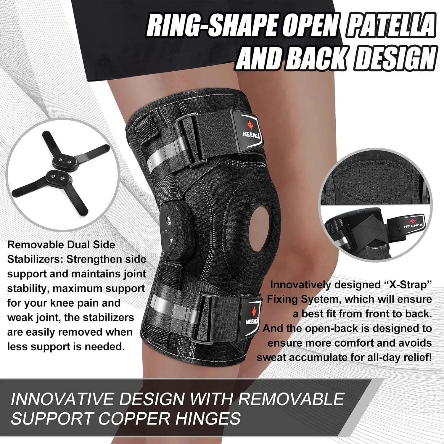 NEENCA Professional Knee Brace for Knee Pain, Hinged Knee Support with Patented X-Strap Fixing System, Strong Stability for Pain Relief, Arthritis, Meniscus Tear, ACL, PCL, MCL, Runner, Sport, Workout