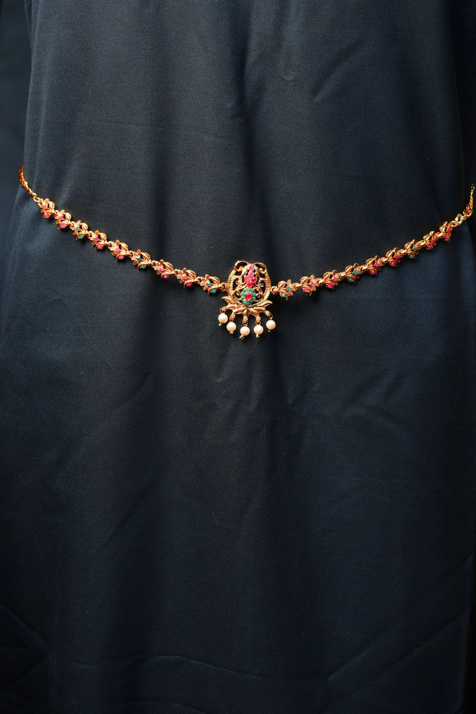 Radiant Elegance: Antique Gold & Pink Stone Hip Chain with Dangling Beads