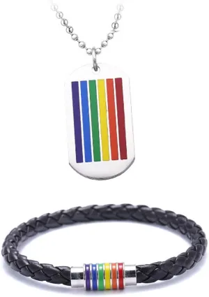 Rainbow Striped Necklace Bracelet Set Stainless Steel Dog Tag Pendant Necklace Handmade LGBT Pride Leather Bracelet for Men Women Unisex Gay Lesbian Valentines Day Gifts