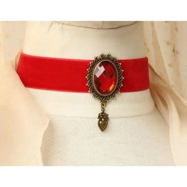 Red Gothic Choker Necklace With Central Gemstone and Heart Charm