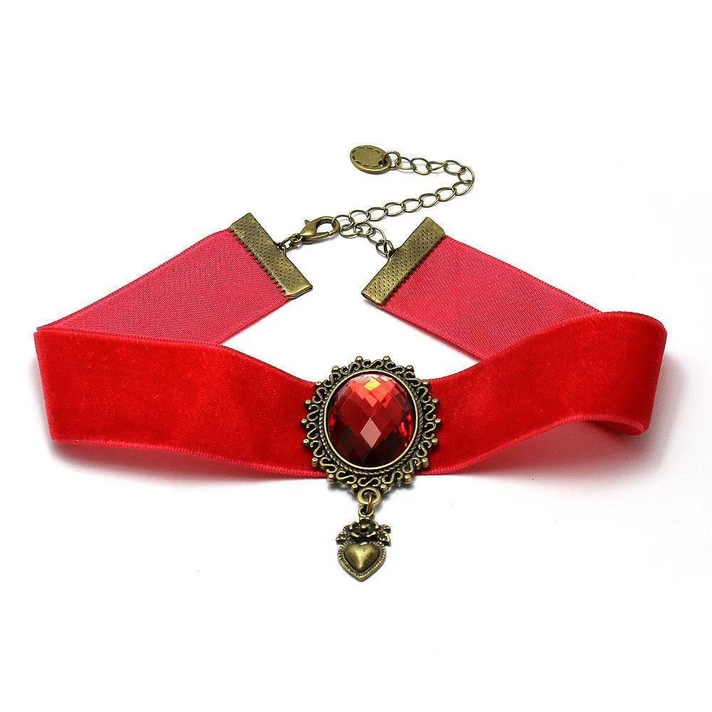 Red Gothic Choker Necklace With Central Gemstone and Heart Charm