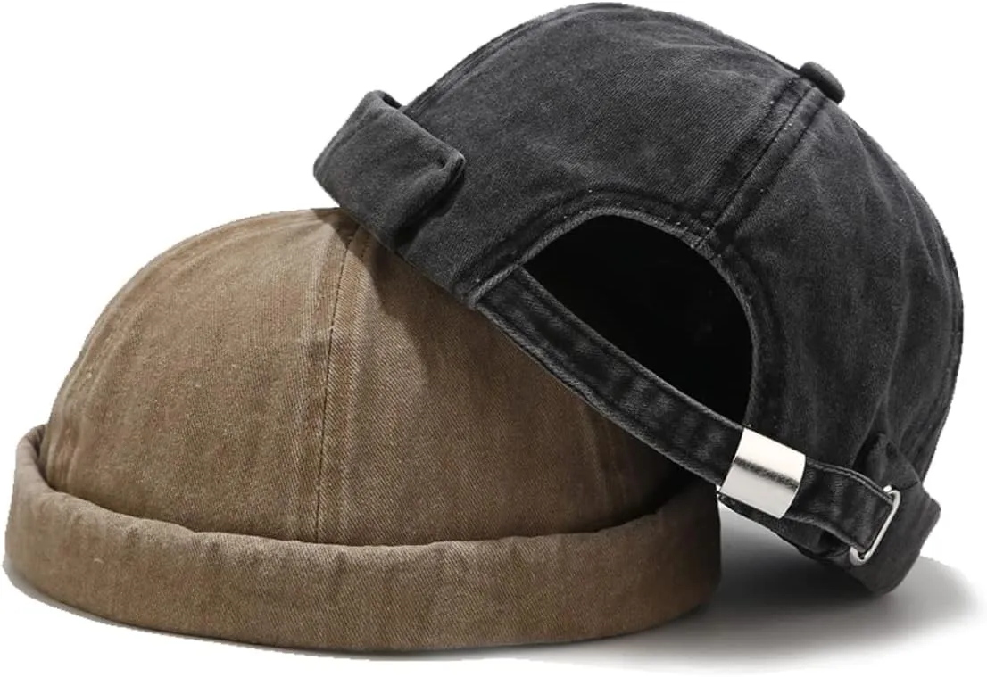 Retro Cotton No Brim Hat Adjustable Rolled Cuff Brimless Beanie Skull Cap