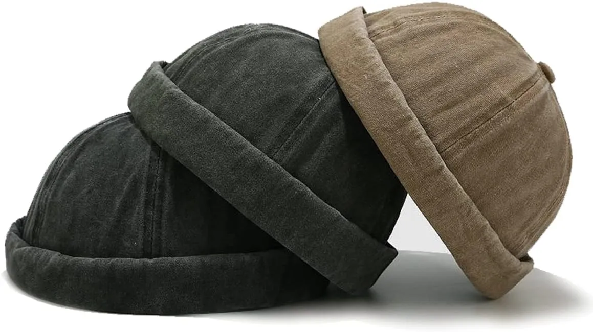 Retro Cotton No Brim Hat Adjustable Rolled Cuff Brimless Beanie Skull Cap