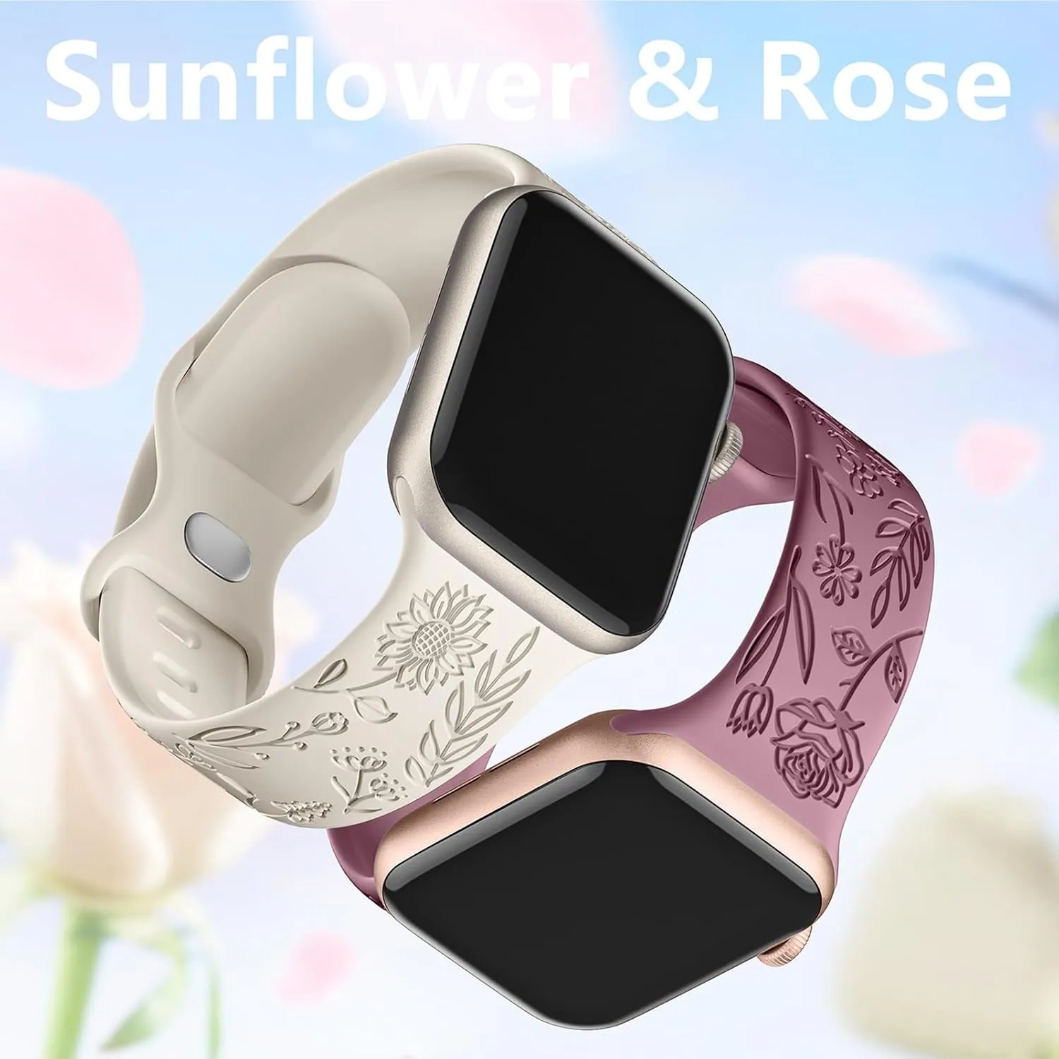 SNBLK 6 Pack Floral Engraved Bands Compatible with Apple Watch Bands for Women & Men, Soft Silicone Cute Flower Pattern Sport Strap for iWatch Series 1-10, Ultra, SE