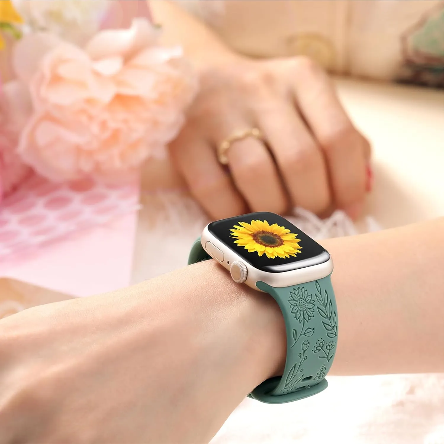SNBLK 6 Pack Floral Engraved Bands Compatible with Apple Watch Bands for Women & Men, Soft Silicone Cute Flower Pattern Sport Strap for iWatch Series 1-10, Ultra, SE