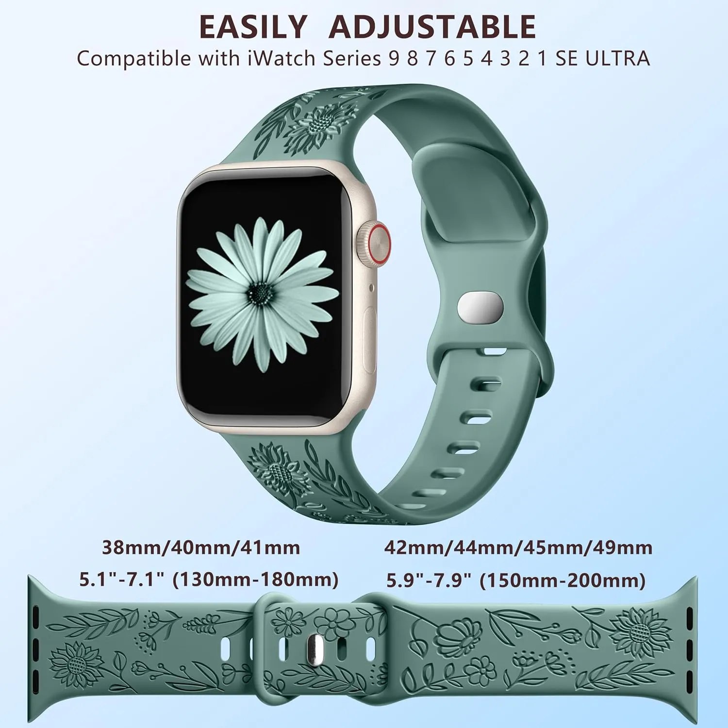 SNBLK 6 Pack Floral Engraved Bands Compatible with Apple Watch Bands for Women & Men, Soft Silicone Cute Flower Pattern Sport Strap for iWatch Series 1-10, Ultra, SE