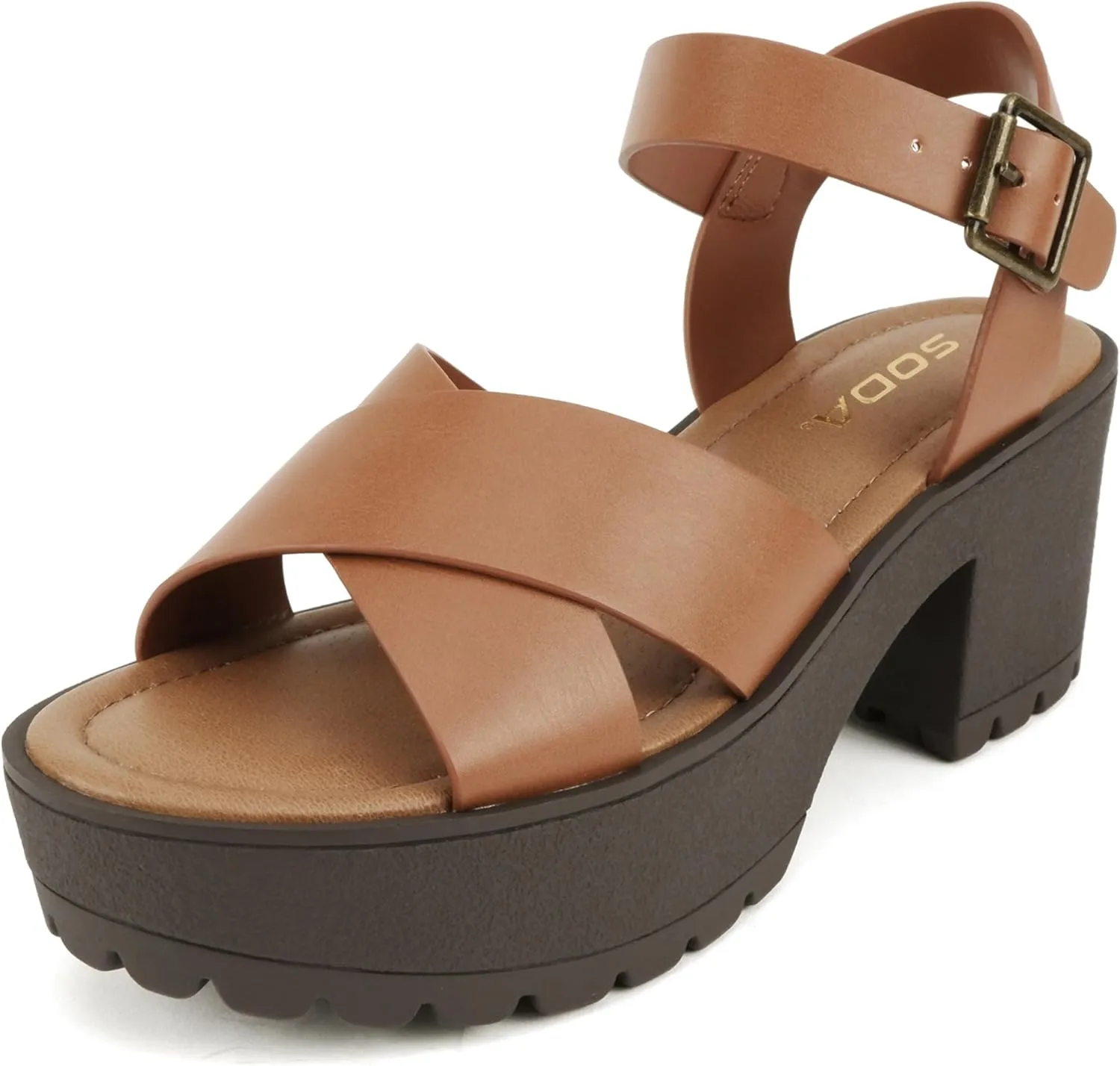 Soda Joey ~ Women Open Toe Criss Cross Strap Mid Heel Sandal with Adjustable Ankle Strap