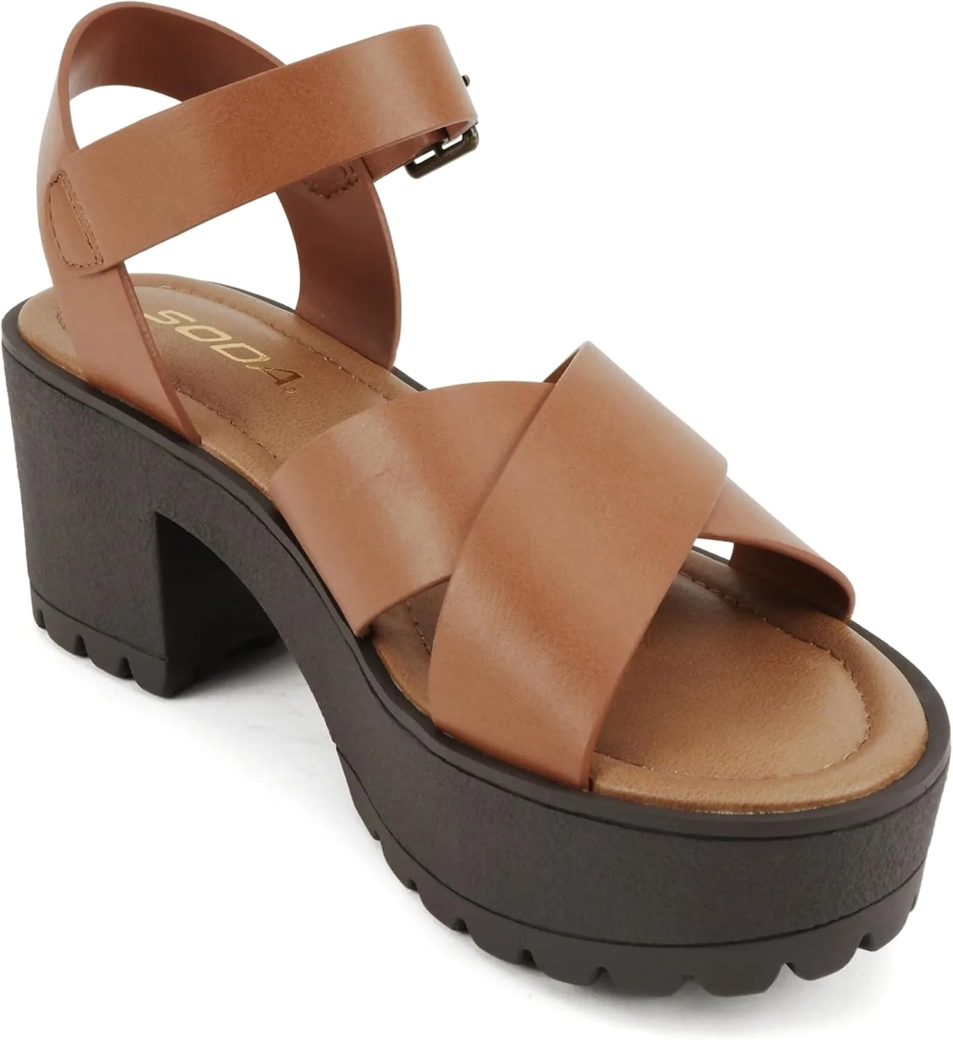Soda Joey ~ Women Open Toe Criss Cross Strap Mid Heel Sandal with Adjustable Ankle Strap