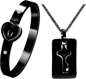 Titanium Stainless Steel Lock Bangle Bracelet with Key Pendant Necklace Set Romantic Valentines Gifts for Boyfriend and Girlfriend