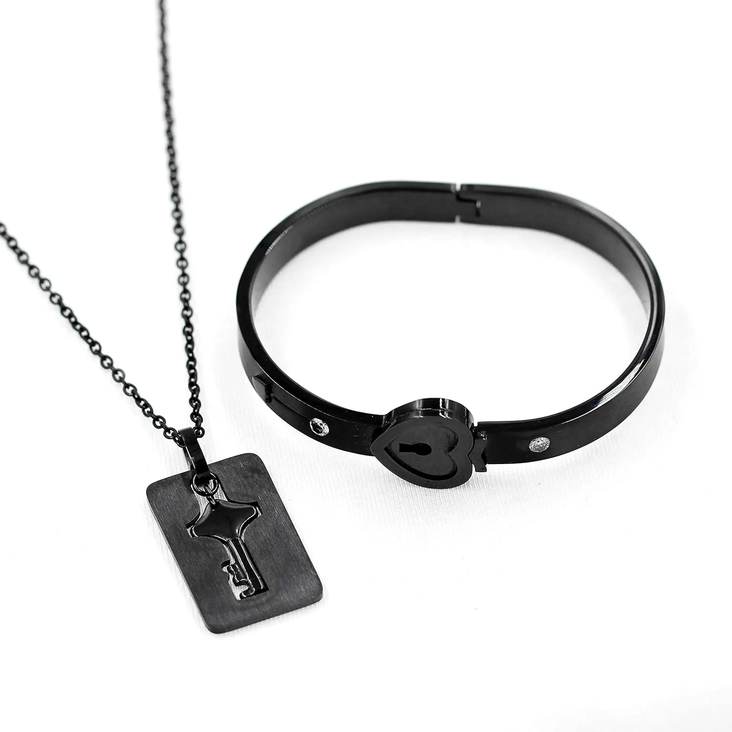 Titanium Stainless Steel Lock Bangle Bracelet with Key Pendant Necklace Set Romantic Valentines Gifts for Boyfriend and Girlfriend