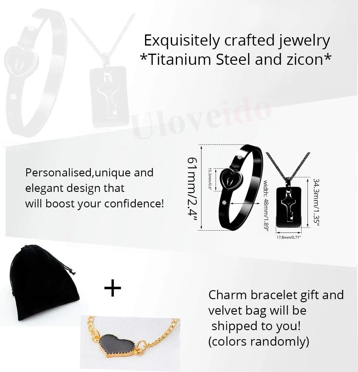 Titanium Stainless Steel Lock Bangle Bracelet with Key Pendant Necklace Set Romantic Valentines Gifts for Boyfriend and Girlfriend
