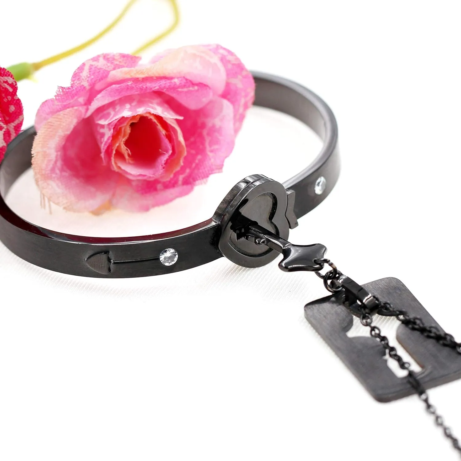 Titanium Stainless Steel Lock Bangle Bracelet with Key Pendant Necklace Set Romantic Valentines Gifts for Boyfriend and Girlfriend