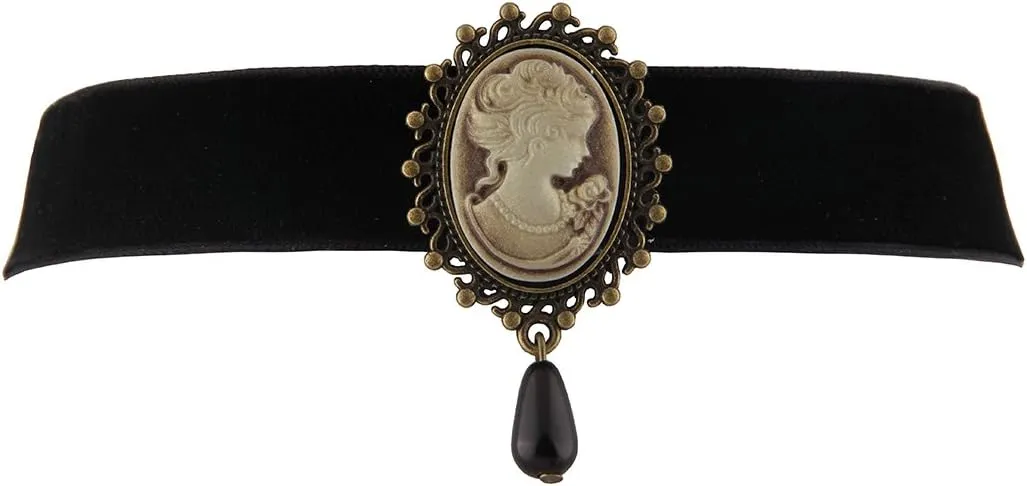 WUSUANED Fashion Retro Black Victorian Cameo Pearl Bead Velvet Choker Necklace