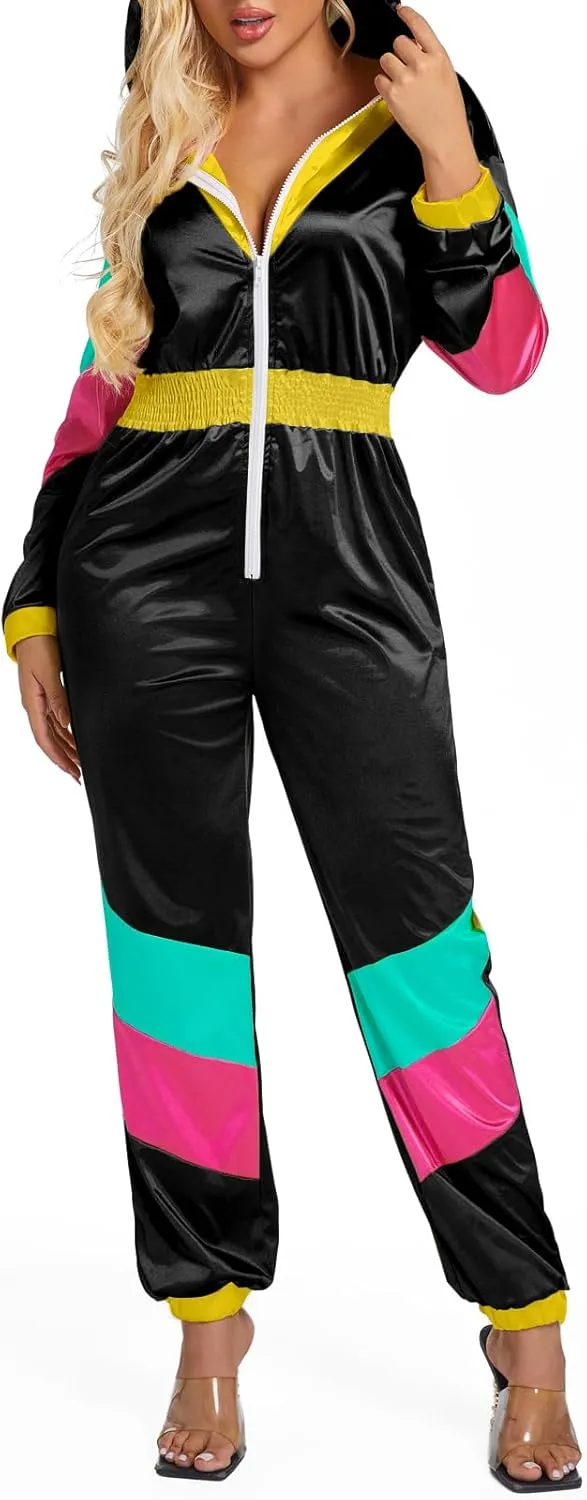 Yisfri Women's Color Block One Piece Retro Outfits 80s Elastic Waist Jumpsuit with Hood