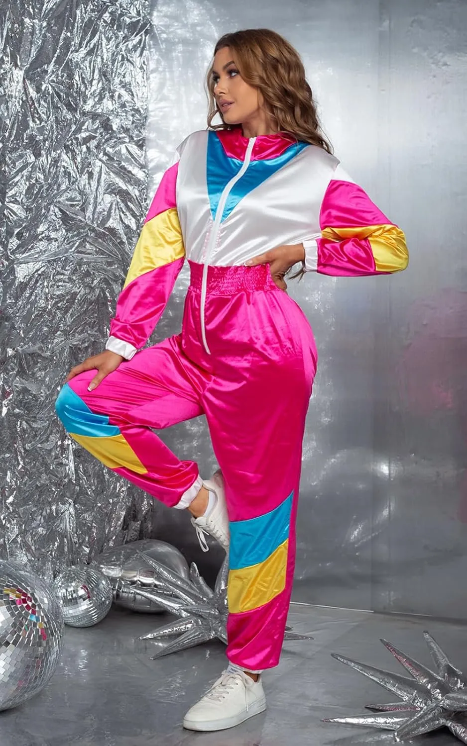 Yisfri Women's Color Block One Piece Retro Outfits 80s Elastic Waist Jumpsuit with Hood