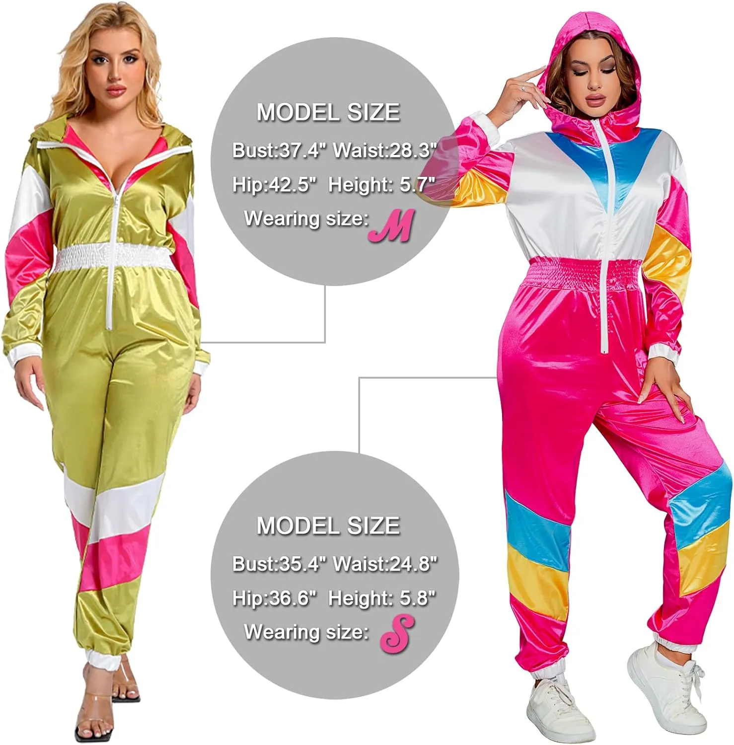 Yisfri Women's Color Block One Piece Retro Outfits 80s Elastic Waist Jumpsuit with Hood
