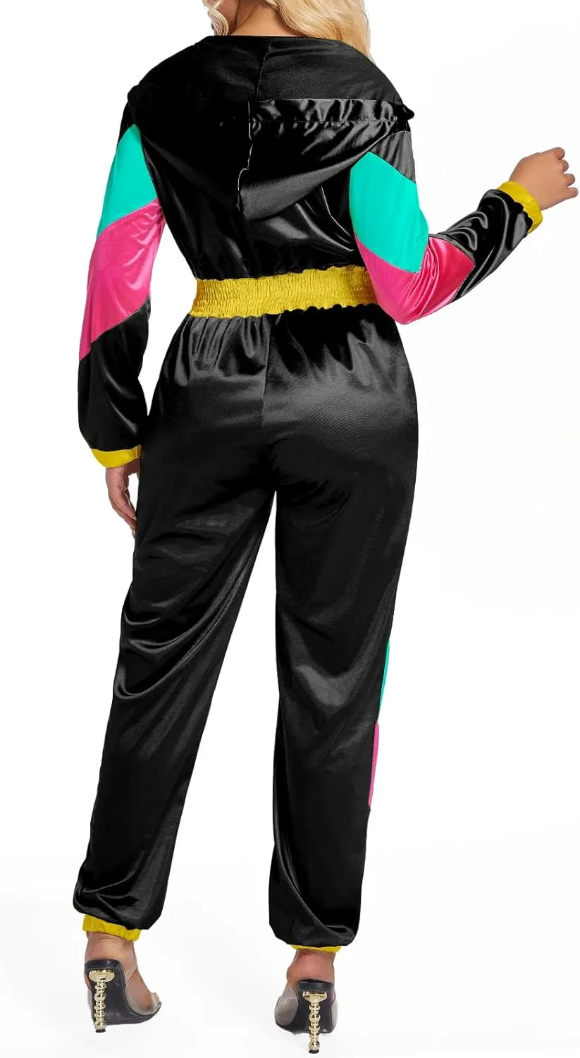 Yisfri Women's Color Block One Piece Retro Outfits 80s Elastic Waist Jumpsuit with Hood